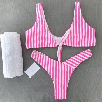 Striped Pushed Up Paded Underwire Swimsuits Pink